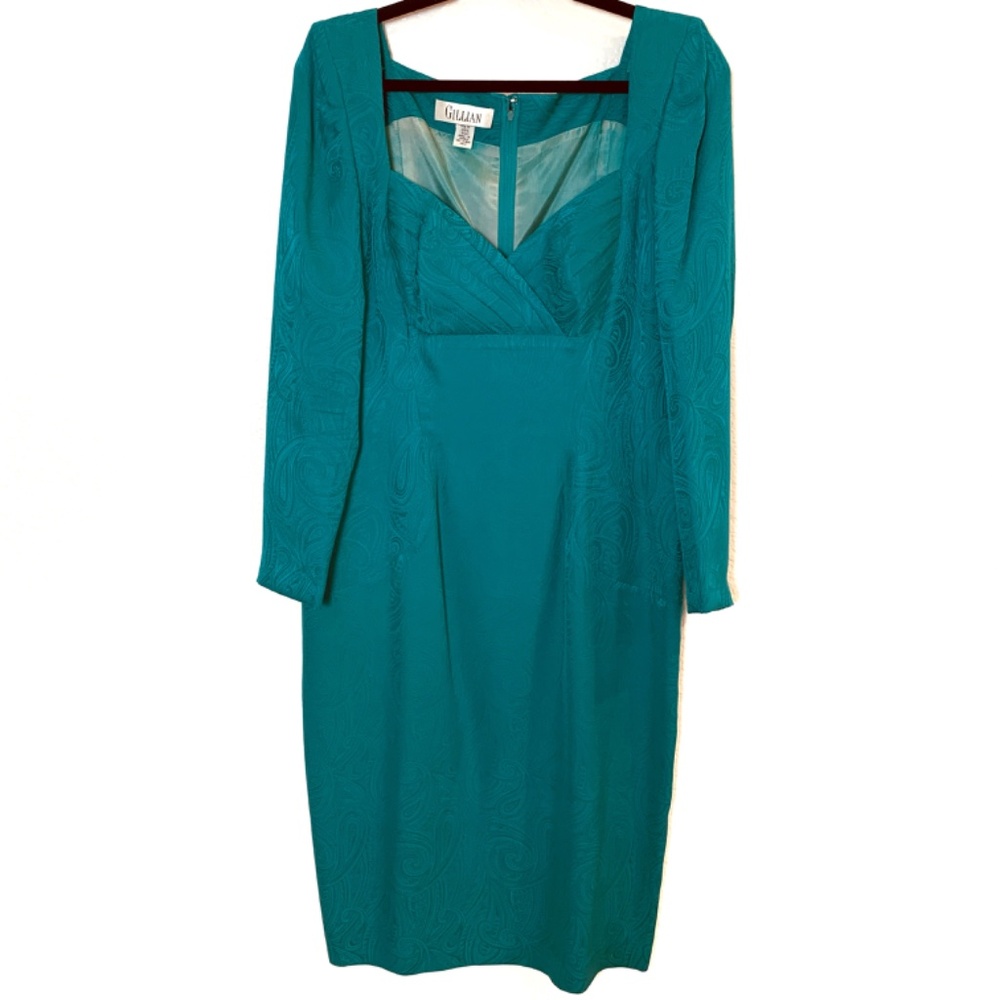 Vintage Gillian Silk Dress Size 10 Teal Green Blue Sweetheart Neckline Paisley